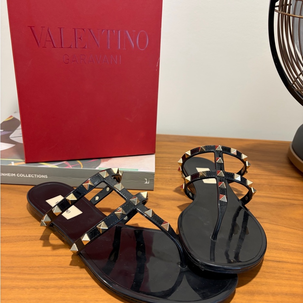 Valentino Garavani Black Sandals with Gold Accents